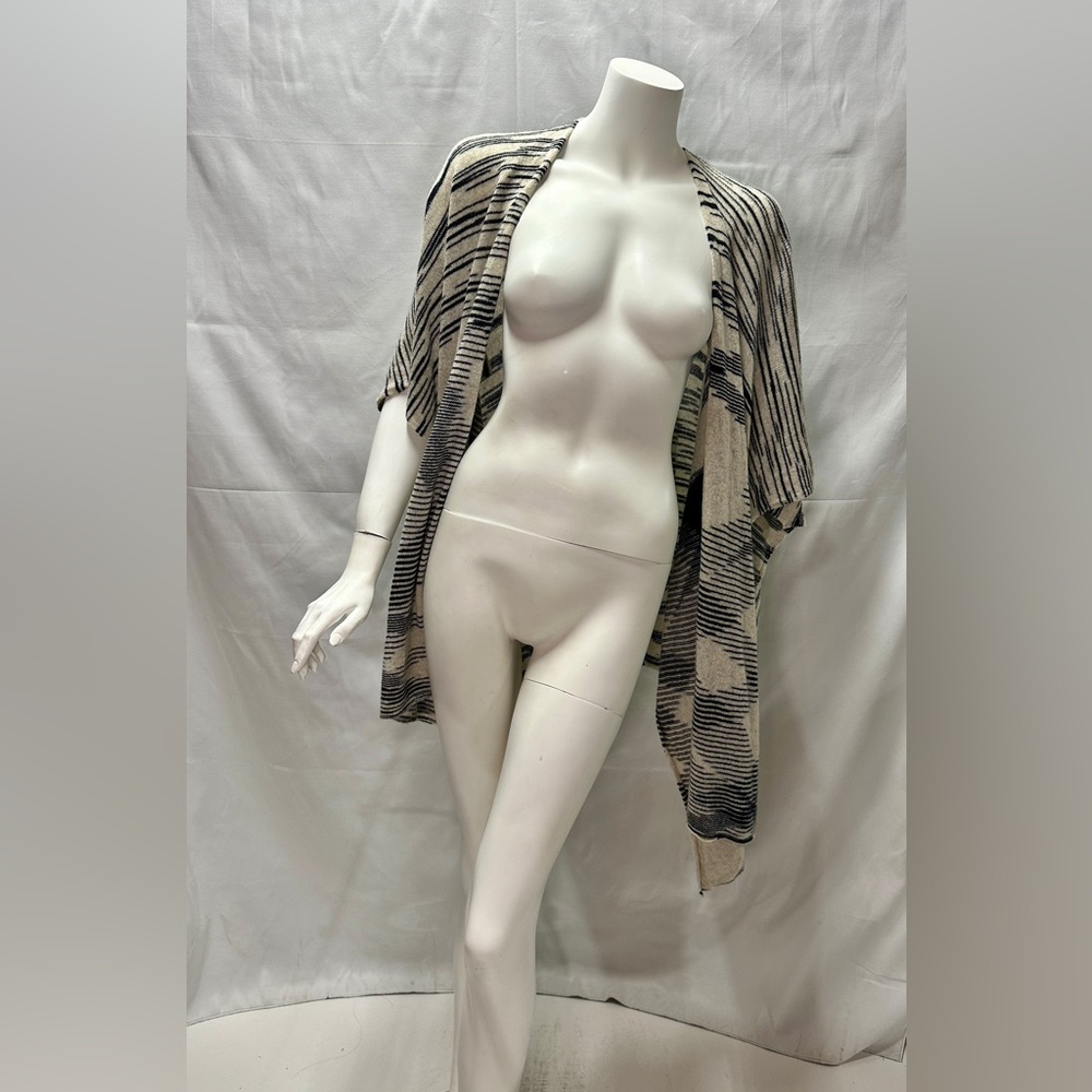 White + Warren Black & Off White Open Front Cashmere Pancho Sweater Size O/S